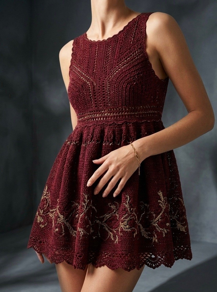 The Nodalis Woman wearing a handmade crochet piece